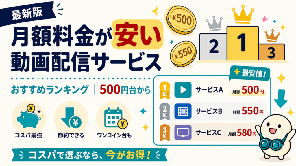 月額料金が安い動画配信サービスおすすめランキングのキービジュアル。DMM TV・Amazonプライム・dアニメ等を料金比較