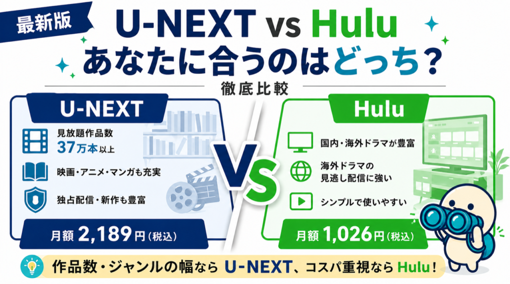 U-NEXTとHuluを比較した記事のキービジュアル。料金・無料体験・作品ジャンルを中心に対比