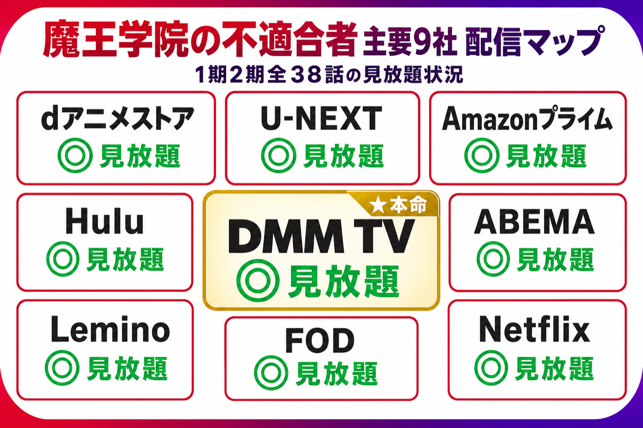 魔王学院の不適合者 配信マップ DMM TV本命・主要9社で1期2期全38話見放題配信中