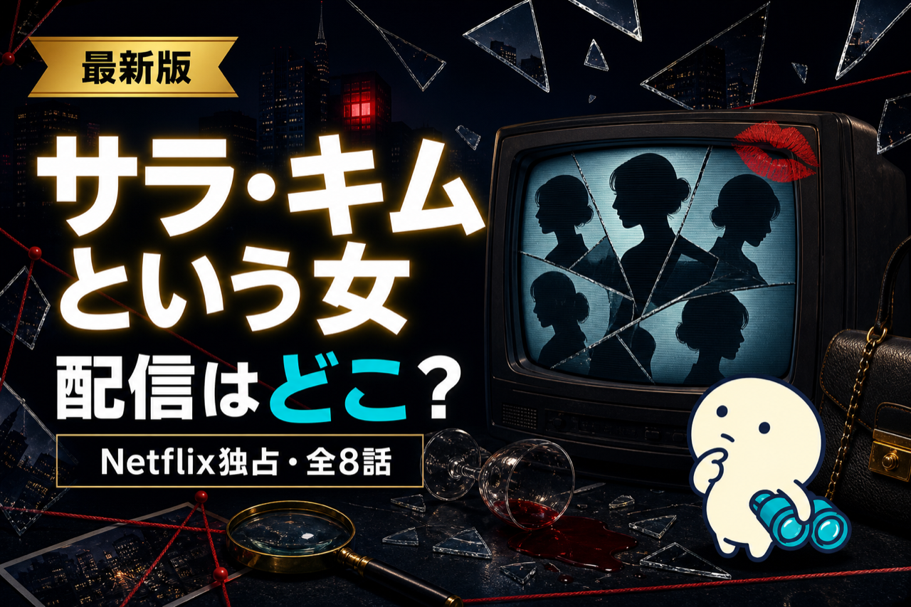 サラ・キムという女の配信状況をまとめた記事のキービジュアル。Netflix独占配信の全8話と、類似サスペンス韓ドラを観られるU-NEXT・DMM TV・Amazonプライムの視聴方法を比較