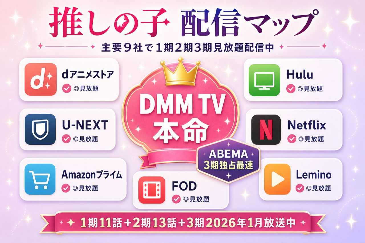 推しの子 配信マップ DMM TV本命・主要9社で1期2期3期見放題配信中