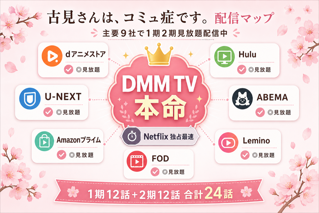 古見さんは、コミュ症です。 配信マップ DMM TV本命・主要9社で1期2期見放題配信中