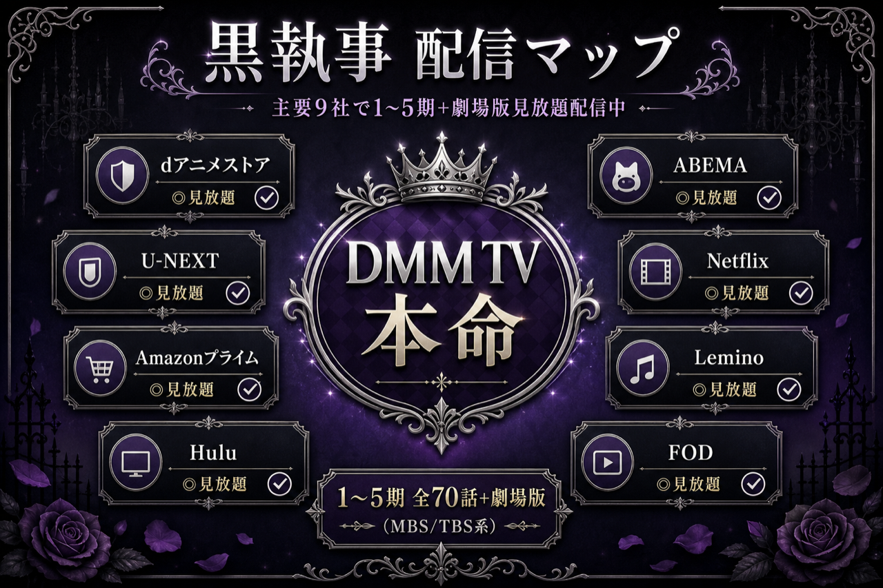 黒執事 配信マップ DMM TV本命・主要9社で1〜5期+劇場版見放題配信中